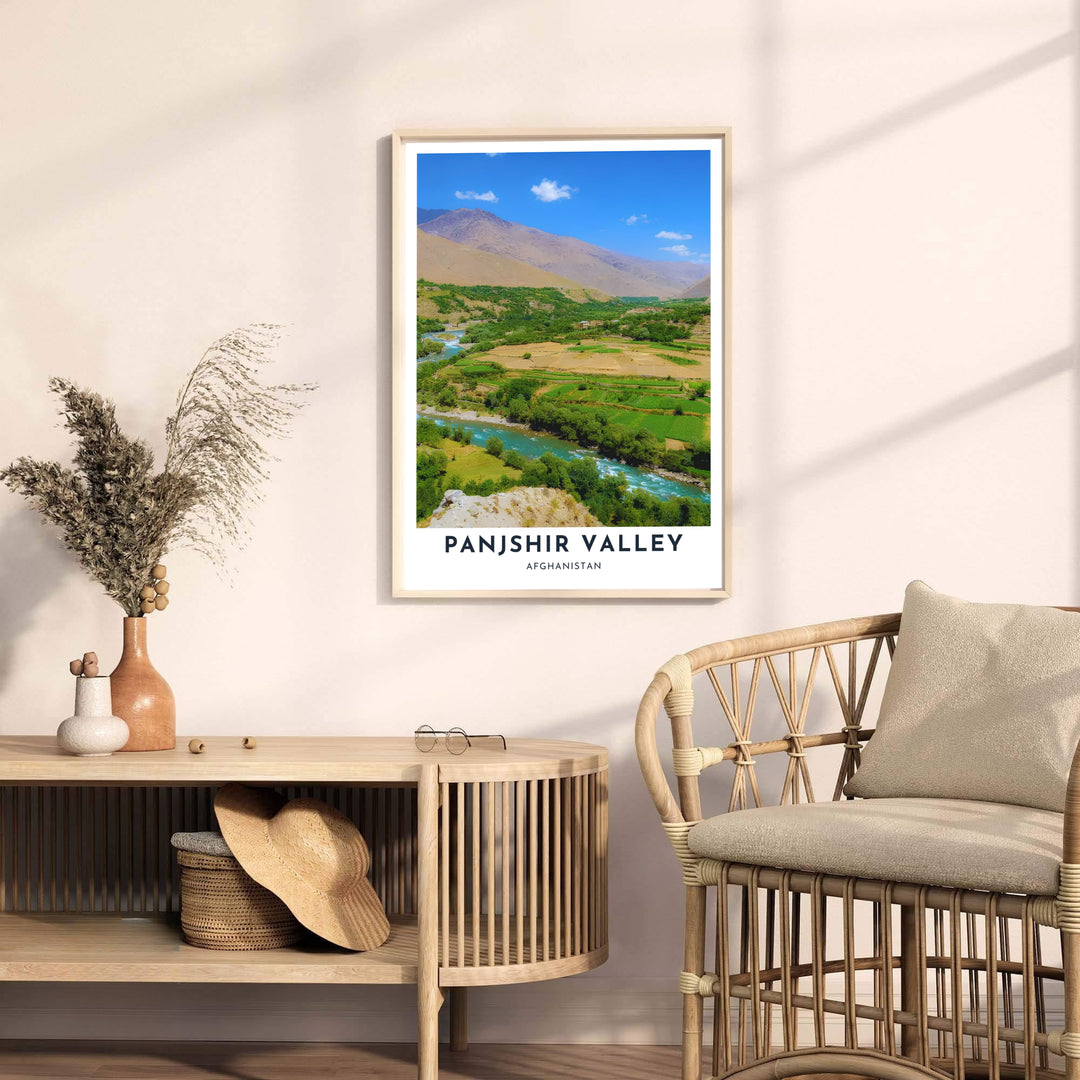 Travel photograph landscape print featuring the flowing river and mountain pass of Panjshir Valley, Afghanistan, bathed in bright natural sunlight. Available at MapYourDreams as an unframed art print, a stretched canvas wall art piece, or a custom framed poster in natural wood moulding for rustic decor themes.