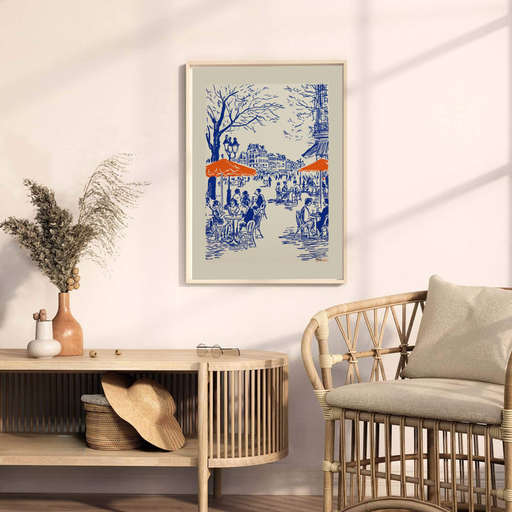 Parisian coffee shop wall art print with dark blue sketches and warm burnt orange umbrella accents in Paris France. MapYourDreams provides premium framed, unframed, and canvas prints.