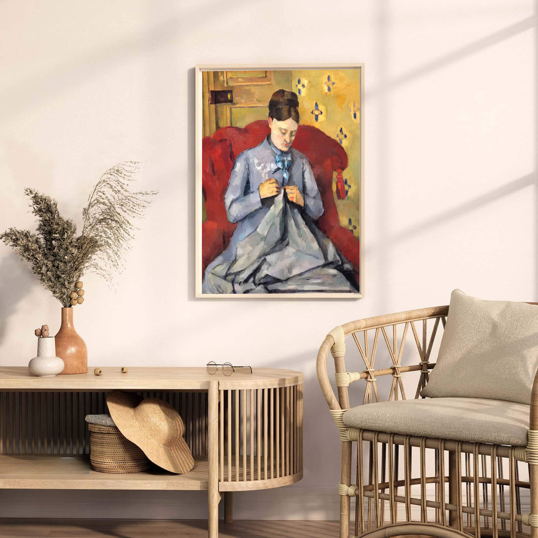 Museum quality fine art poster of Paul Cezanne Madame Cezanne Sewing 1877 detailing a quiet Parisian domestic moment in Paris France. MapYourDreams provides premium framed prints, unframed paper wall decor, and stretched canvas choices for bedroom and library spaces.