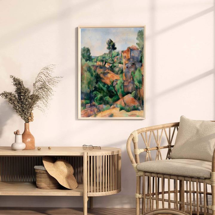 Museum quality fine art poster of Paul Cezanne Bibemus Quarry 1895 detailing proto-Cubist rock structures in Aix-en-Provence France. MapYourDreams provides premium framed prints, unframed paper wall decor, and stretched canvas choices for bedroom and office spaces.
