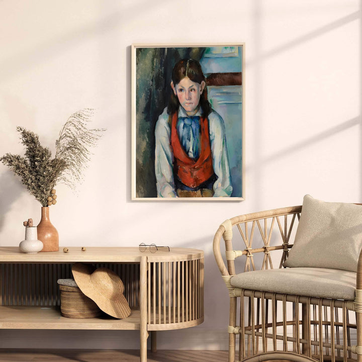 Museum quality fine art poster of Paul Cezanne Boy In A Red Vest 1888 detailing a contemplative model in Paris France. MapYourDreams provides premium framed prints, unframed paper wall decor, and stretched canvas choices for library and office spaces.