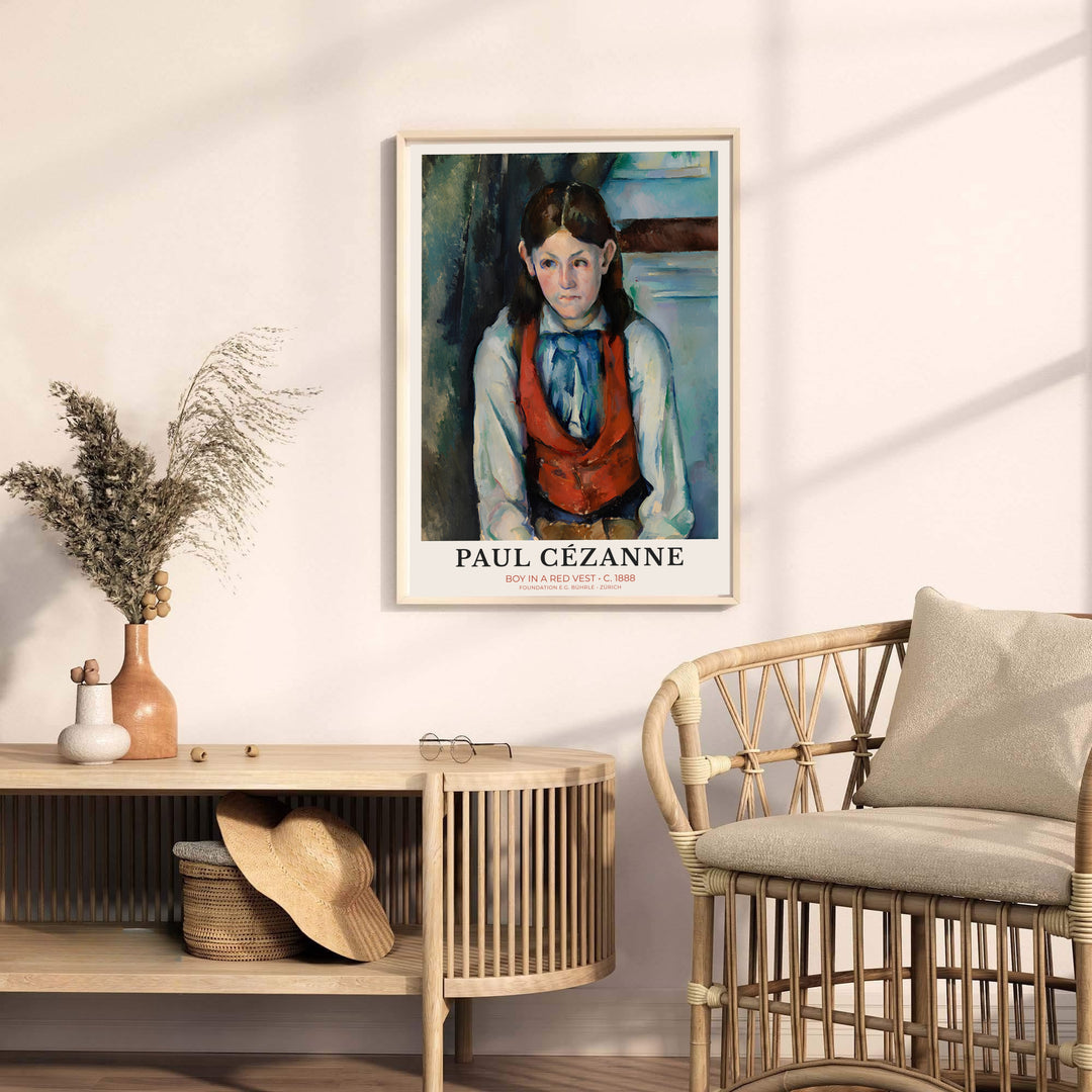 Museum quality fine art poster of Paul Cezanne Boy In Red Vest 1888 detailing a contemplative model in Paris France with lower text. MapYourDreams provides premium framed prints, unframed paper wall decor, and stretched canvas choices for library and office spaces.