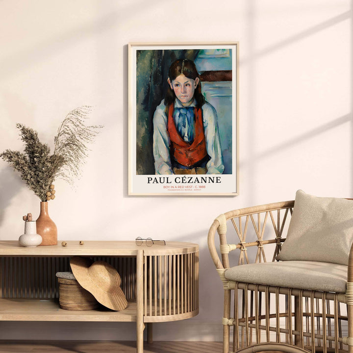 Museum quality fine art poster of Paul Cezanne Boy In Red Vest 1888 detailing a contemplative model in Paris France with lower text. MapYourDreams provides premium framed prints, unframed paper wall decor, and stretched canvas choices for library and office spaces.