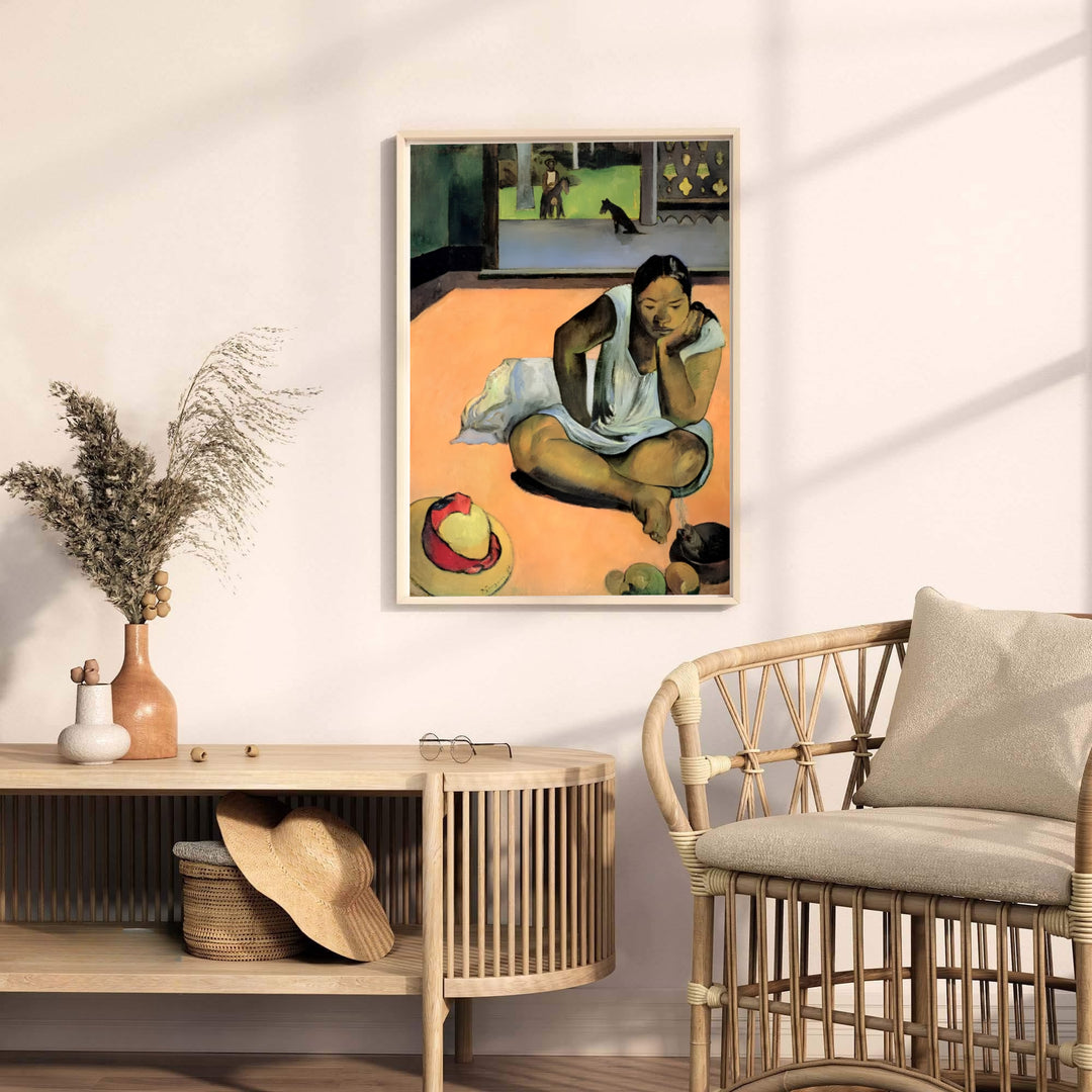 Museum quality fine art poster of Paul Gauguin Brooding Woman Te Faaturuma 1891 detailing vibrant brushstrokes in Tahiti French Polynesia. MapYourDreams provides premium framed prints, unframed paper wall decor, and stretched canvas choices for office and bedroom spaces.