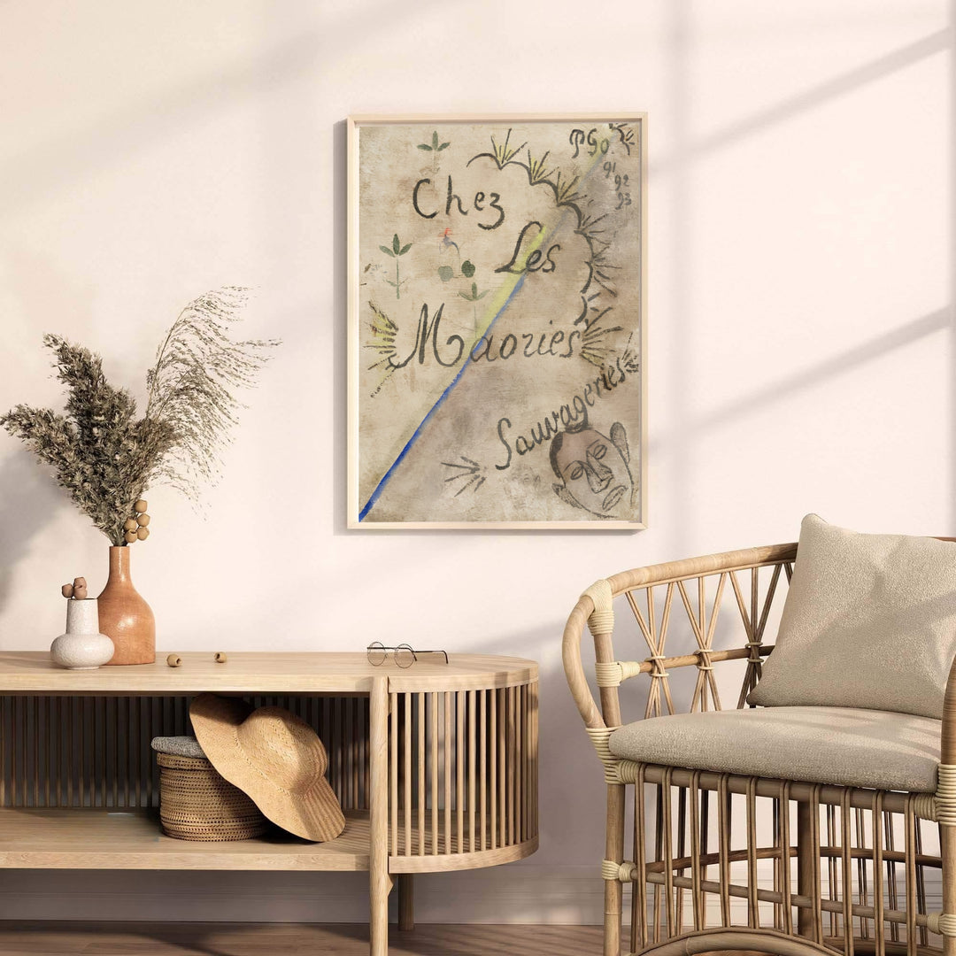 Museum quality fine art poster of Paul Gauguin Chez Les Maories 1893 detailing historical calligraphy in Tahiti, French Polynesia. MapYourDreams provides premium framed prints, unframed paper wall decor, and stretched canvas choices for dining and living areas.