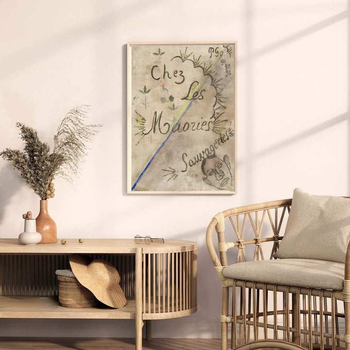Museum quality fine art poster of Paul Gauguin Chez Les Maories 1893 detailing historical calligraphy in Tahiti, French Polynesia. MapYourDreams provides premium framed prints, unframed paper wall decor, and stretched canvas choices for dining and living areas.