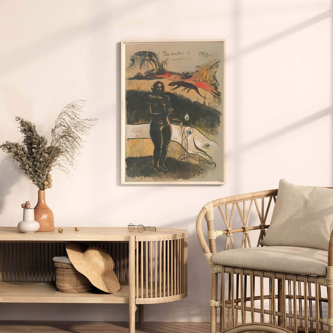 Museum quality fine art poster of Paul Gauguin Delightful Land Nave Nave Fenua 1894 detailing French handwritten inscriptions in Tahiti, French Polynesia. MapYourDreams provides premium framed prints, unframed paper wall decor, and stretched canvas choices for dining and living areas.