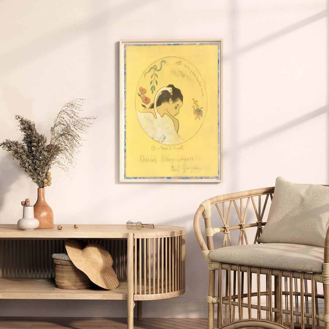 Museum quality fine art poster of Paul Gauguin Design For A Plate 1889 detailing French handwritten inscriptions in Brittany, France. MapYourDreams provides premium framed prints, unframed paper wall decor, and stretched canvas choices for dining and living areas.