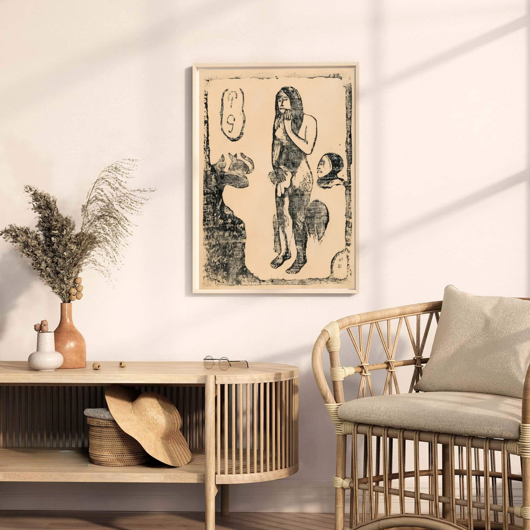 Museum quality fine art poster of Paul Gauguin Eve Suite Of Late Woodblocks 1898 detailing historic woodblock textures in Tahiti, French Polynesia. MapYourDreams provides premium framed prints, unframed paper wall decor, and stretched canvas choices for dining and living areas.