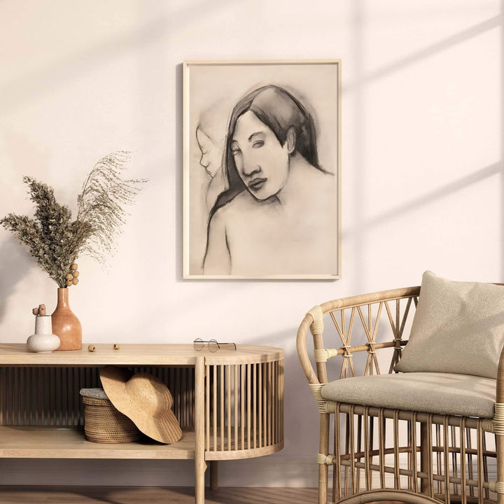 Museum quality fine art poster of Paul Gauguin Heads Of Tahitian Women 1891 detailing historic charcoal textures in Tahiti, French Polynesia. MapYourDreams provides premium framed prints, unframed paper wall decor, and stretched canvas choices for dining and living areas.