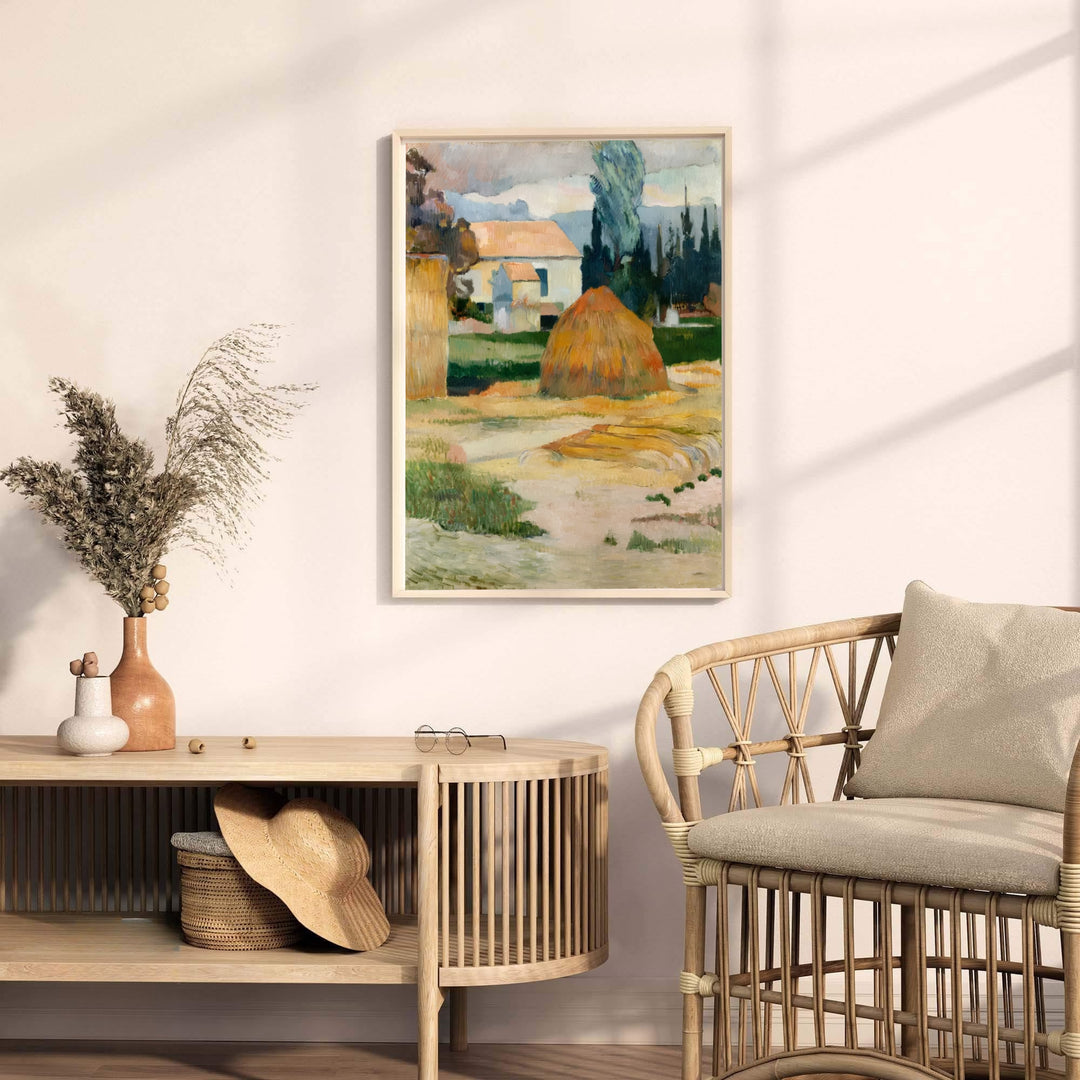 Museum quality fine art poster of Paul Gauguin Landscape Near Arles 1888 detailing vivid oil painting textures in Arles, Provence, France. MapYourDreams provides premium framed prints, unframed paper wall decor, and stretched canvas choices for bedroom and sitting room areas.