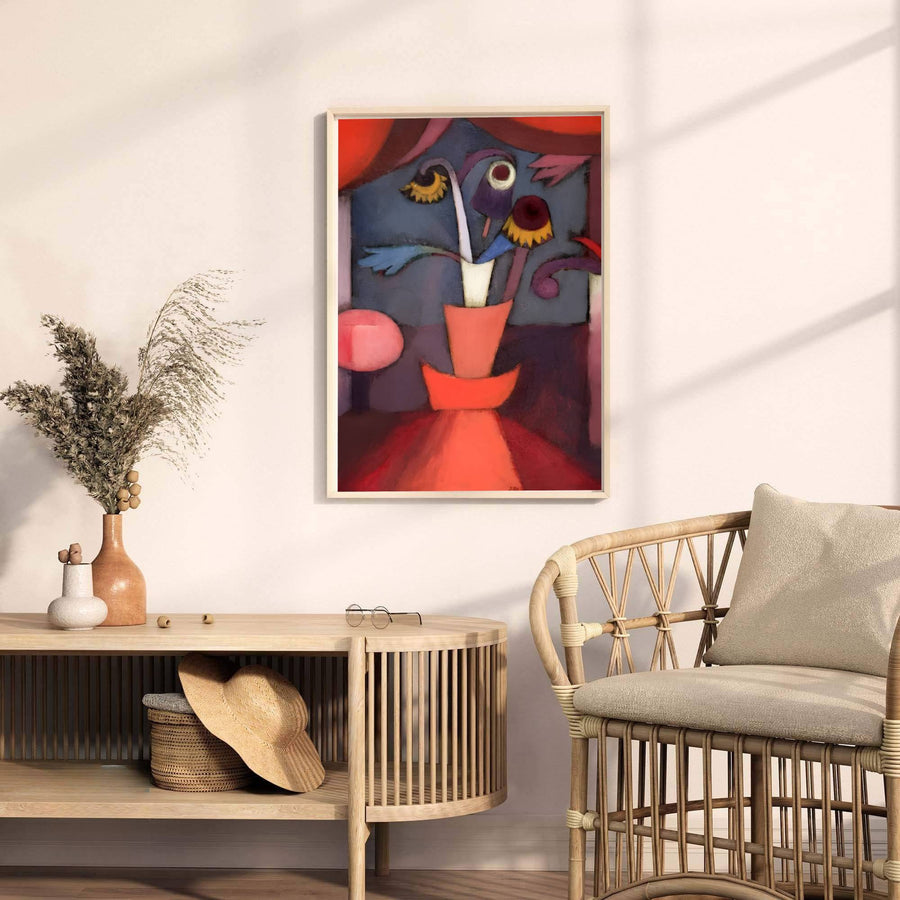 Anchored by a striking terracotta vase holding ethereal flowers, this piece captures the delicate balance between natural beauty and abstract conceptualization. Offered by MapYourDreams, this artwork is available in flexible options including unframed paper, custom wooden frames, and gallery canvas wraps.