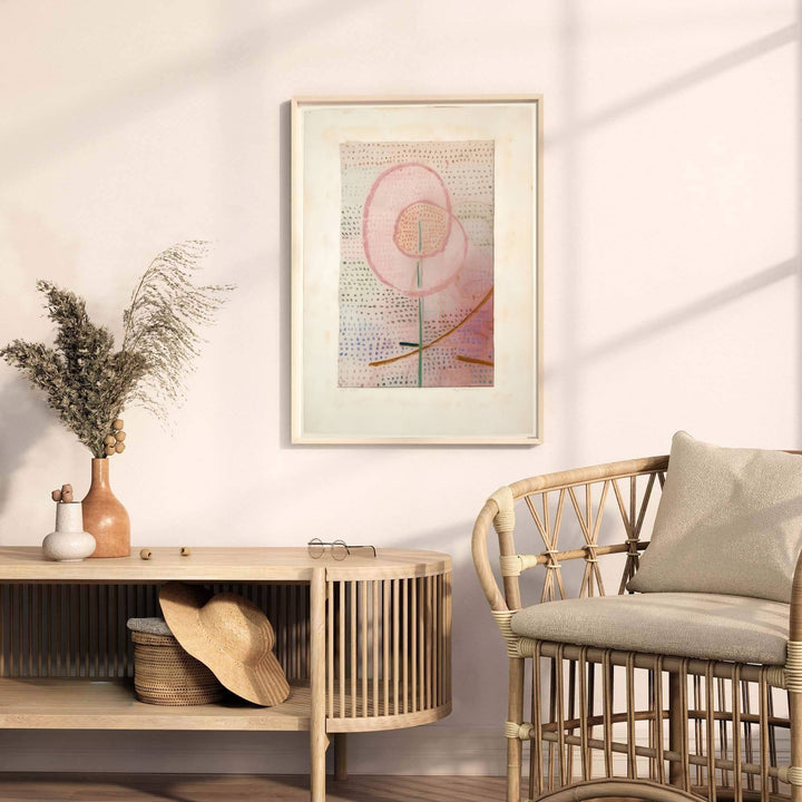 Anchored by a soft pink floral form rising gracefully through the composition, this Paul Klee Blossoming (Blühend) 1934 wall decor captures the delicate balance between natural rhythm and abstract design. Offered by MapYourDreams, this artwork is available in flexible options including unframed paper, custom wooden frames, and gallery canvas wraps.