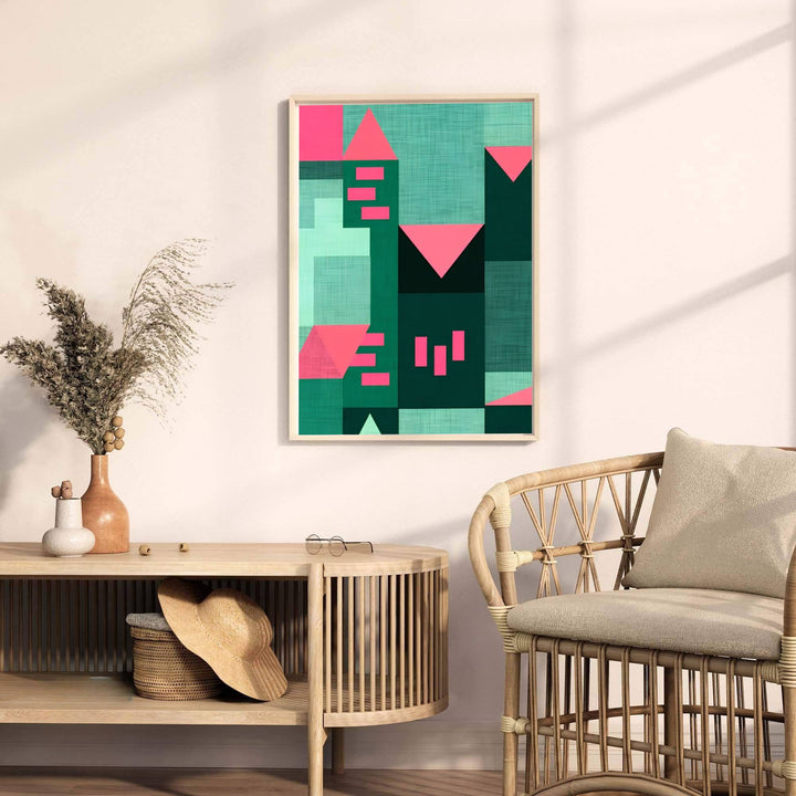 Anchored by striking pink triangular roof motifs rising through the emerald composition, this Paul Klee Emerald Architecture Art Print wall decor captures the delicate balance between structure and abstraction. Offered by MapYourDreams, this artwork is available in flexible options including unframed paper, custom wooden frames, and gallery canvas wraps.