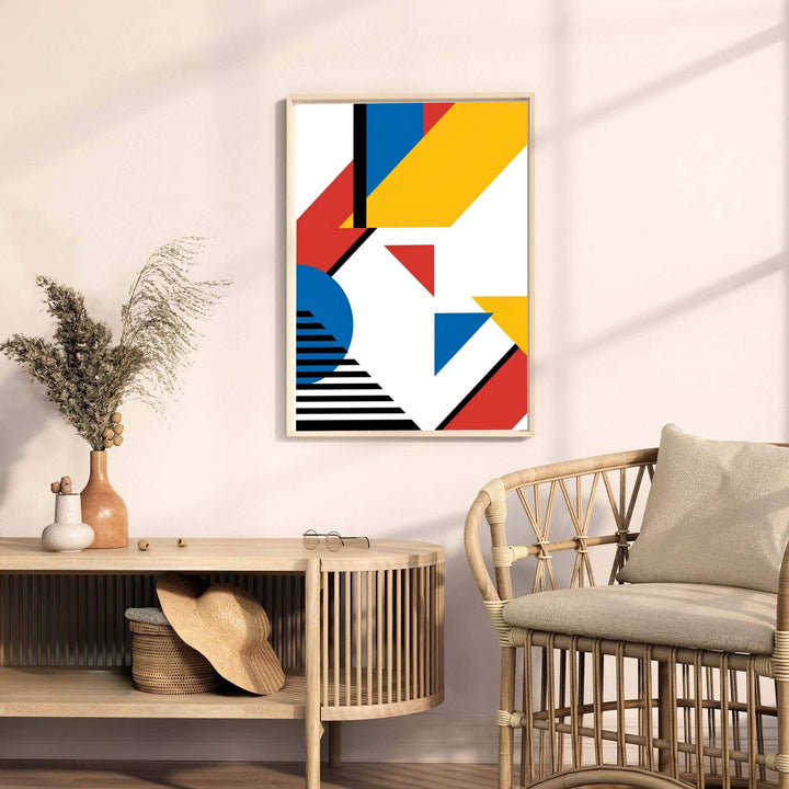 This magnificent reproduction poster by Piet Mondrian celebrates the balanced arrangement of primary color diagonals and linear motifs against an architectural grid backdrop. MapYourDreams makes it easy to style your home by offering this Piet Mondrian artwork in flexible formats, including unframed prints, elegant custom frames, and professional canvas wraps.