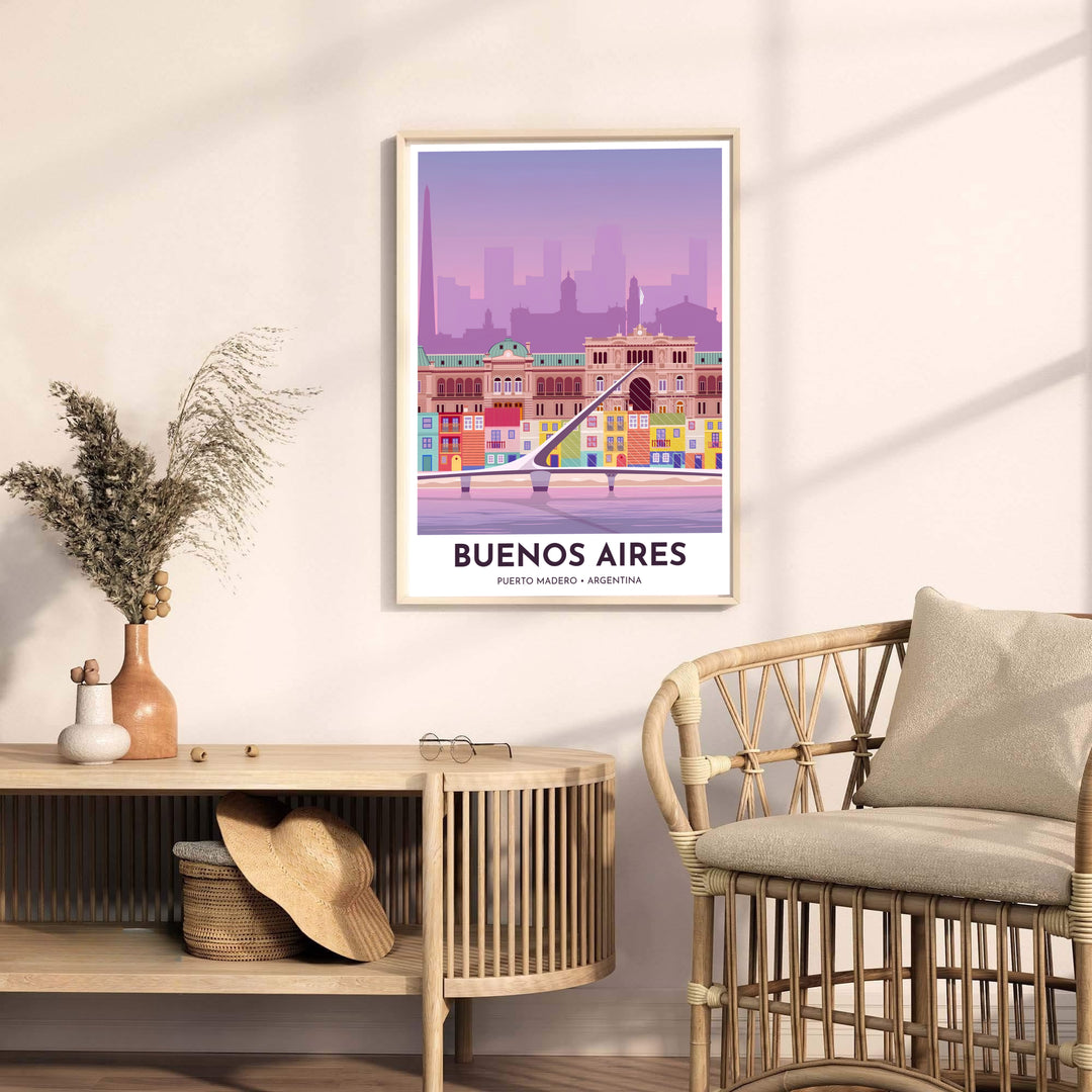 Rendered in crisp vector illustration detail, this Puerto Madero wall art depicts the Puente de la Mujer spanning calm harbor waters in Argentina, designed by MapYourDreams in unframed, custom framed, and canvas finishes.