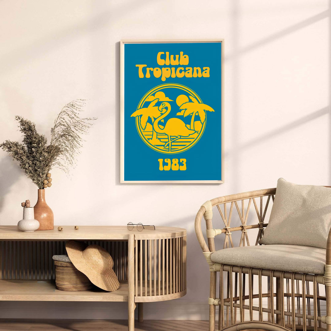Minimalist 1980s summer party poster featuring Club Tropicana text and yellow flamingo pop art graphics, available from MapYourDreams as an unframed art print, canvas wall decor, or custom framed print for living room gallery walls and lounge spaces.