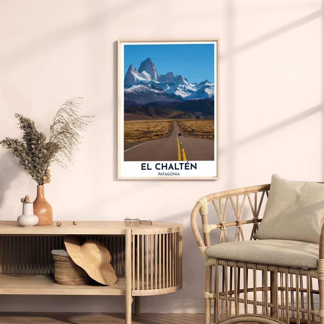 Sweeping across the empty highway in Argentine Patagonia, this El Chaltén wall decor highlights dramatic granite massifs and vast desert plains, brought to you by MapYourDreams in flexible paper, custom framed, and canvas wrap selections.