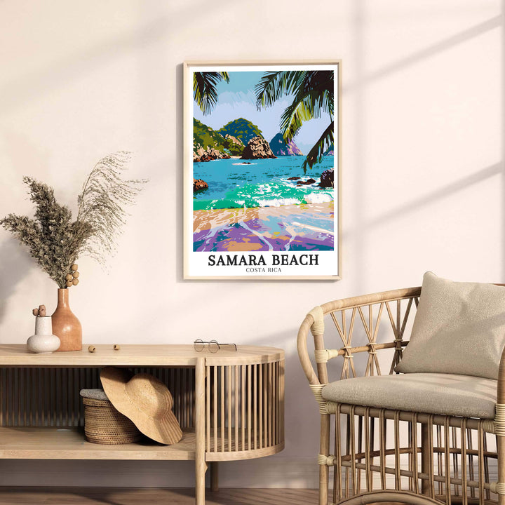 Scenic beach waves, lush palm trees, and offshore islands of Samara Beach star in this Costa Rica travel poster print. Discover ready-to-hang framed, unframed, and canvas decor options at MapYourDreams.