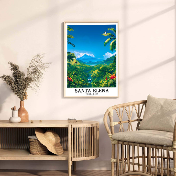 Scenic rainforest river, soaring birds, and the majestic peak of Arenal Volcano in Santa Elena star in this print. Discover ready-to-hang framed, unframed, and canvas decor options at MapYourDreams.