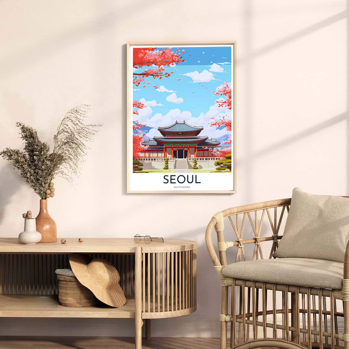 Artistic home decor print capturing the timeless beauty of Gyeongbokgung Palace in Seoul, South Korea, featuring traditional blue-tiled rooflines and spring cherry blossoms. Offered by MapYourDreams, this artwork is available in flexible options including unframed paper, custom wooden frames, and gallery canvas wraps.