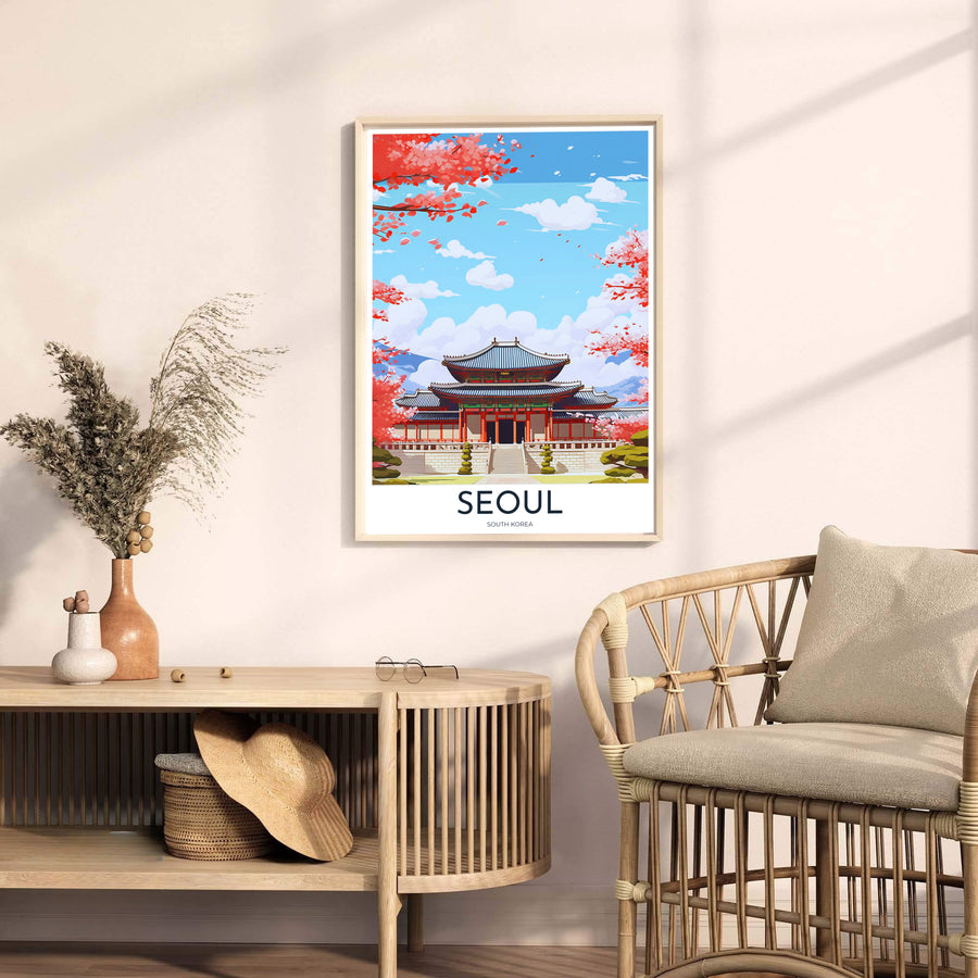 Artistic home decor print capturing the timeless beauty of Gyeongbokgung Palace in Seoul, South Korea, featuring traditional blue-tiled rooflines and spring cherry blossoms. Offered by MapYourDreams, this artwork is available in flexible options including unframed paper, custom wooden frames, and gallery canvas wraps.