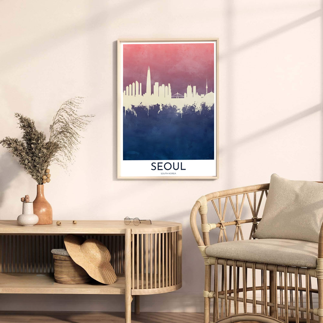 Minimalist travel art print celebrating the urban landscape of Seoul, South Korea, with a clean off-white silhouette set against dusty terracotta and dark indigo blue hues. Offered by MapYourDreams, this artwork is available in flexible options including unframed paper, custom wooden frames, and gallery canvas wraps.