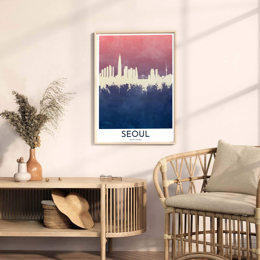 Minimalist travel art print celebrating the urban landscape of Seoul, South Korea, with a clean off-white silhouette set against dusty terracotta and dark indigo blue hues. Offered by MapYourDreams, this artwork is available in flexible options including unframed paper, custom wooden frames, and gallery canvas wraps.