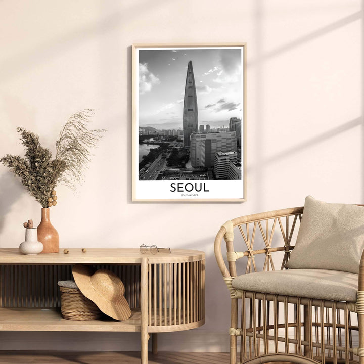 Captivating black and white cityscape poster highlighting Lotte World Tower against dramatic skies in Seoul, styled by MapYourDreams in flexible options including unframed archival paper, dark wood frames, and gallery canvas formats engineered for high-durability and visual vibrancy.