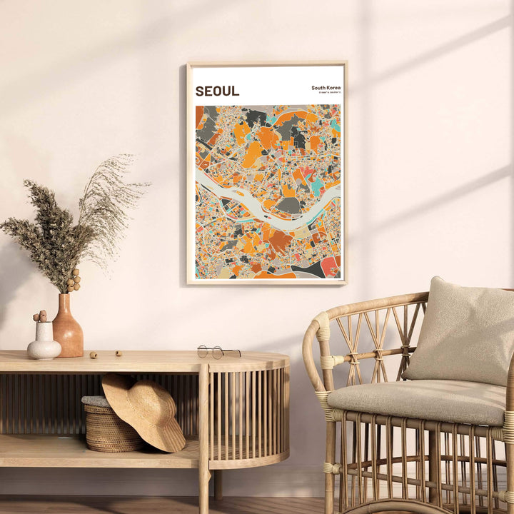 Luminous warm cartography photo print illustrating the sprawling street network of Seoul, South Korea, offered by MapYourDreams in versatile styling formats like unframed paper, custom picture frames, and canvas that add refined metropolitan charm to your home.