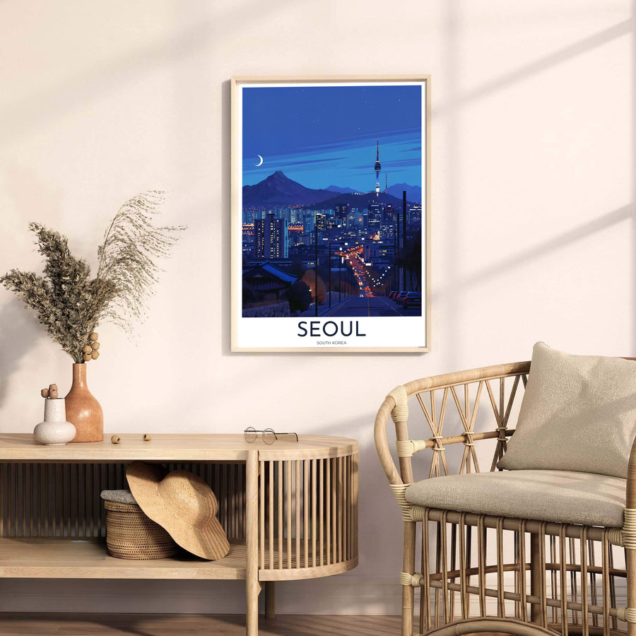 Luminous night sky photo illustration print depicting the sprawling cityscape and crescent moon above Seoul South Korea, offered by MapYourDreams in versatile styling formats like unframed paper, custom picture frames, and canvas that add enchanting metropolitan charm to interiors.
