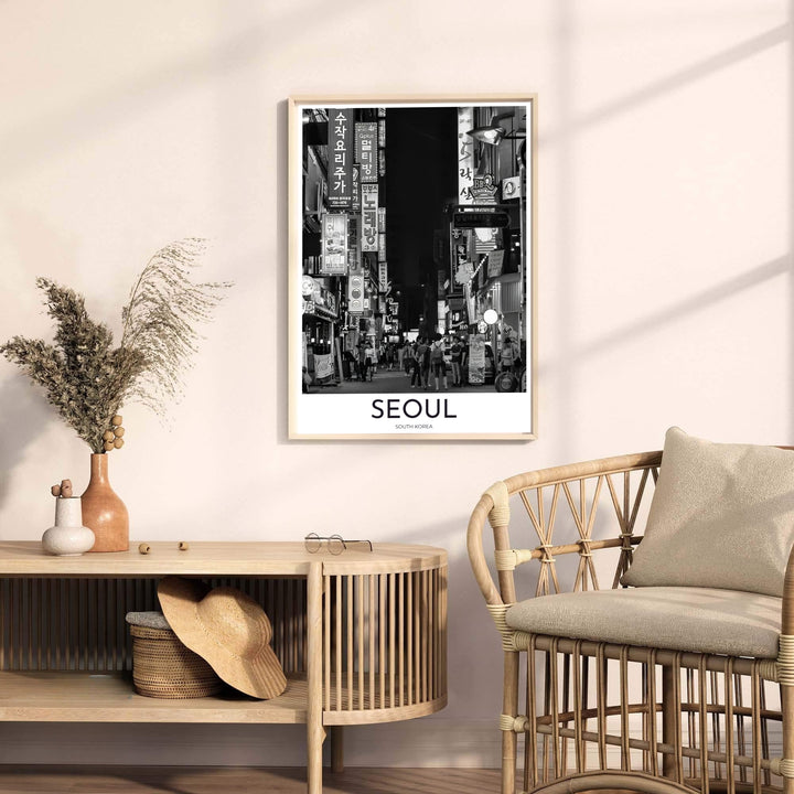 Captivating black and white city street poster highlighting Korean signage and night pedestrians in South Korea, styled by MapYourDreams in flexible options including unframed archival paper, dark wood frames, and gallery canvas formats engineered for lasting visual appeal.