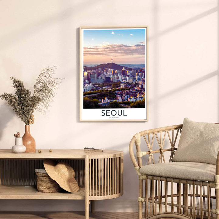 Scenic urban photo print detailing glowing residential hillsides and high-rise architecture in Seoul South Korea, distributed by MapYourDreams in varied forms including unframed poster paper, sleek frames, and wrapped canvas to suit any interior wall layout.