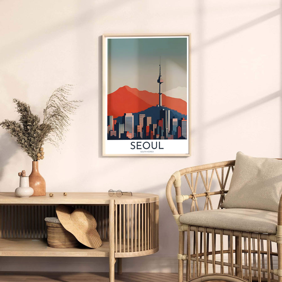 Captivating retro vector skyline poster highlighting N Seoul Tower against a burnt-orange mountain background in South Korea, styled by MapYourDreams in flexible options including unframed archival paper, dark wood frames, and gallery canvas formats engineered for lasting visual appeal.
