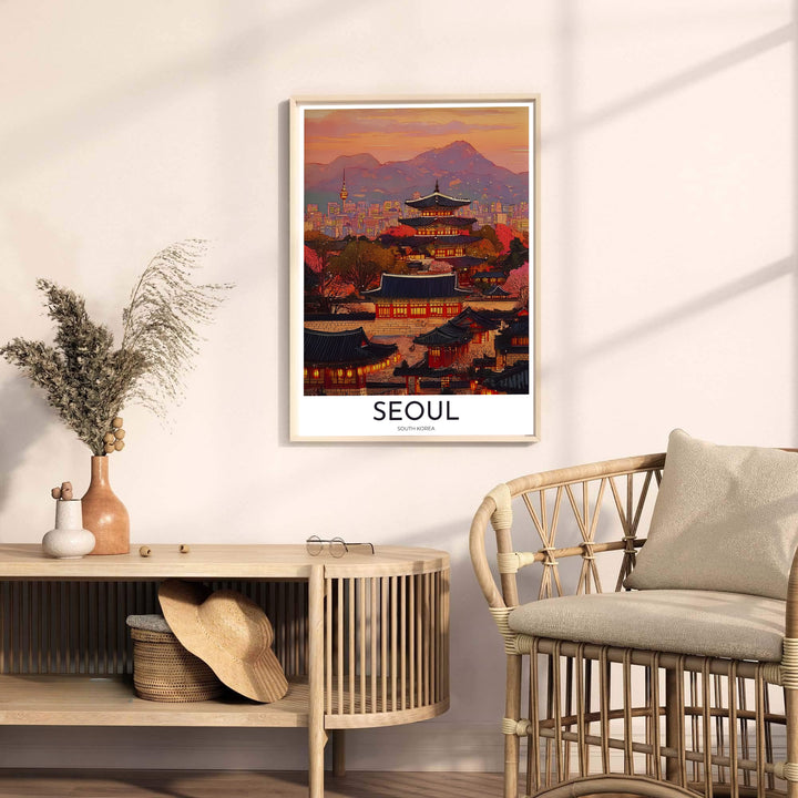 Captivating oriental palace skyline poster highlighting traditional Korean gables beneath a glowing sunset sky in South Korea, styled by MapYourDreams in flexible options including unframed archival paper, dark wood frames, and gallery canvas formats engineered for lasting visual appeal.