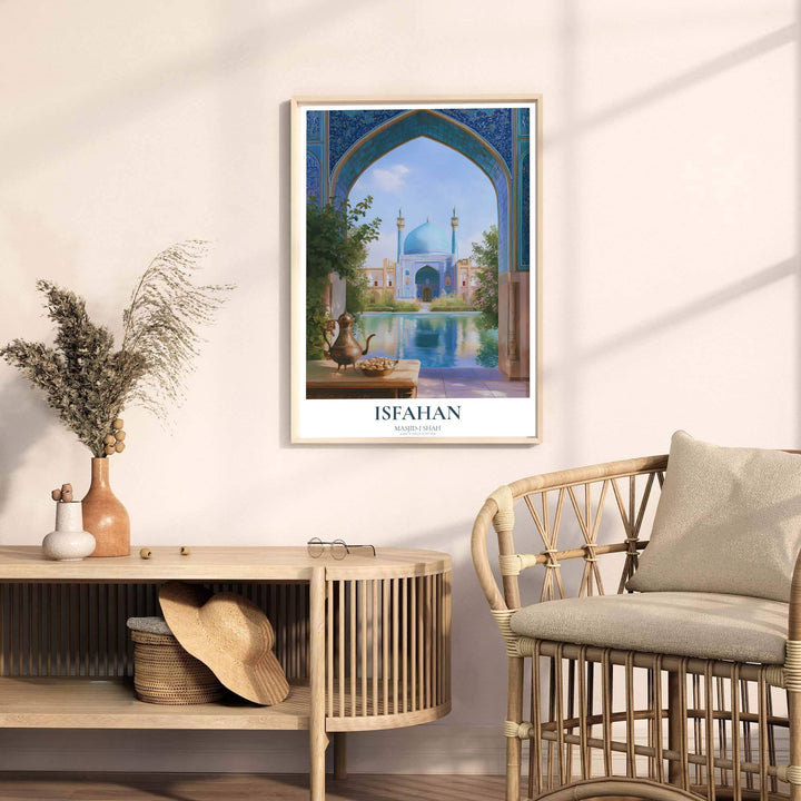 Fine art travel poster of Isfahan Shah Mosque with headline reading ISFAHAN and subtitle reading MASJID-I SHAH. Released by MapYourDreams, this artwork is available in flexible options including unframed paper, custom wooden frames, and gallery canvas wraps for home wall art.