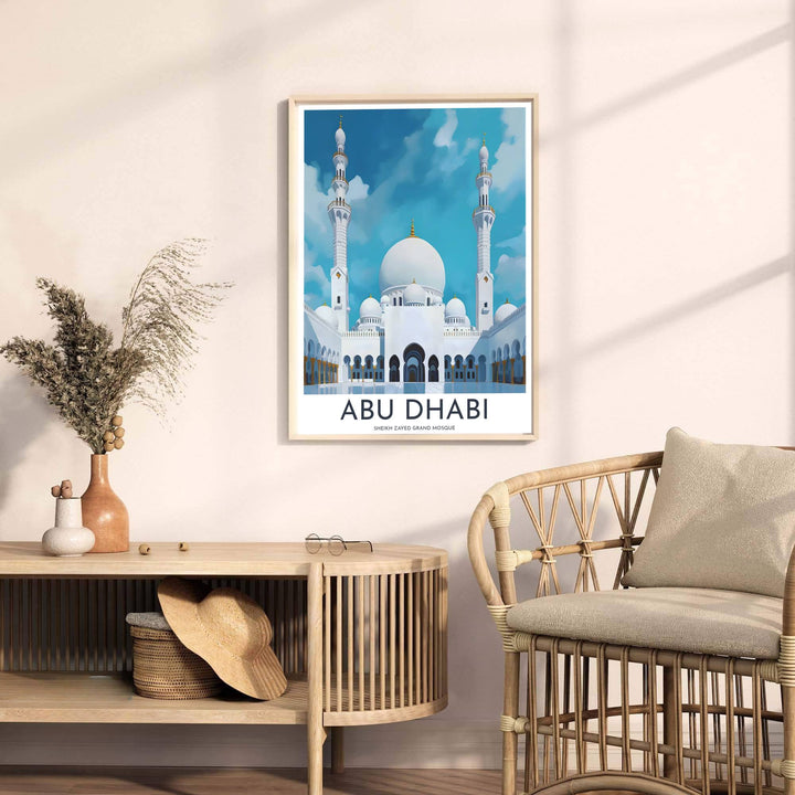Fine art travel poster of Abu Dhabi Grand Mosque with headline reading ABU DHABI and subtitle reading SHEIKH ZAYED GRAND MOSQUE. Released by MapYourDreams, this artwork is available in flexible options including unframed paper, custom wooden frames, and gallery canvas wraps for home wall art.
