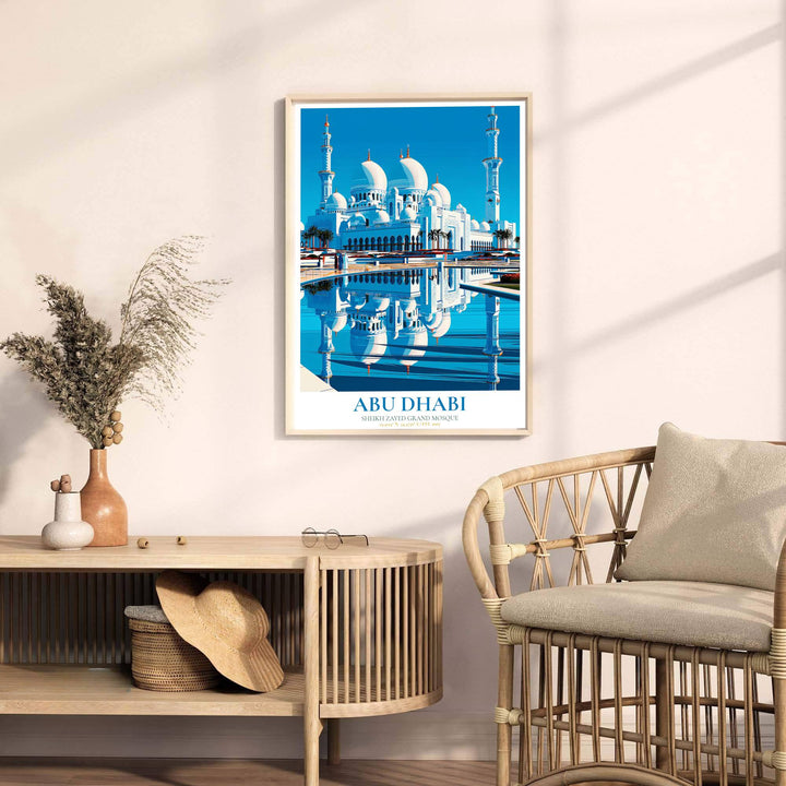 Fine art travel poster of Abu Dhabi Grand Mosque with headline reading ABU DHABI and subtitle reading SHEIKH ZAYED GRAND MOSQUE EST 2007. Released by MapYourDreams, this artwork is available in flexible options including unframed paper, custom wooden frames, and gallery canvas wraps for home wall art.