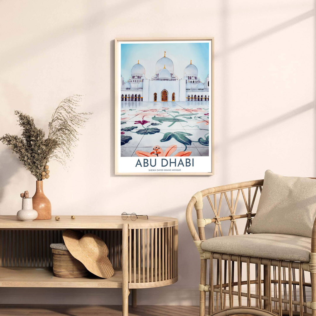 Fine art travel poster of Abu Dhabi Grand Mosque with headline reading ABU DHABI and subtitle reading SHEIKH ZAYED GRAND MOSQUE. Released by MapYourDreams, this artwork is available in flexible options including unframed paper, custom wooden frames, and gallery canvas wraps for home wall art.