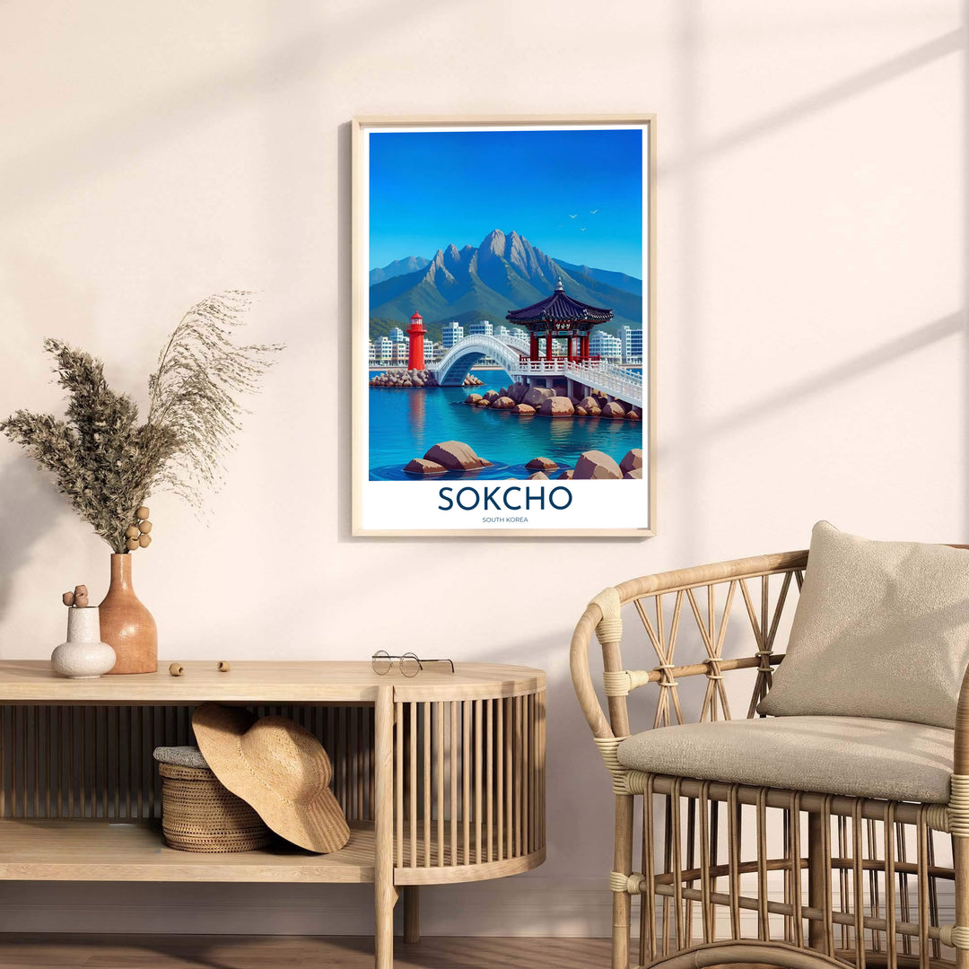 Captivating seaside landscape poster highlighting Seoraksan Mountain rising behind Sokcho South Korea, styled by MapYourDreams in flexible options including unframed archival paper, dark wood frames, and gallery canvas formats engineered for lasting visual appeal.