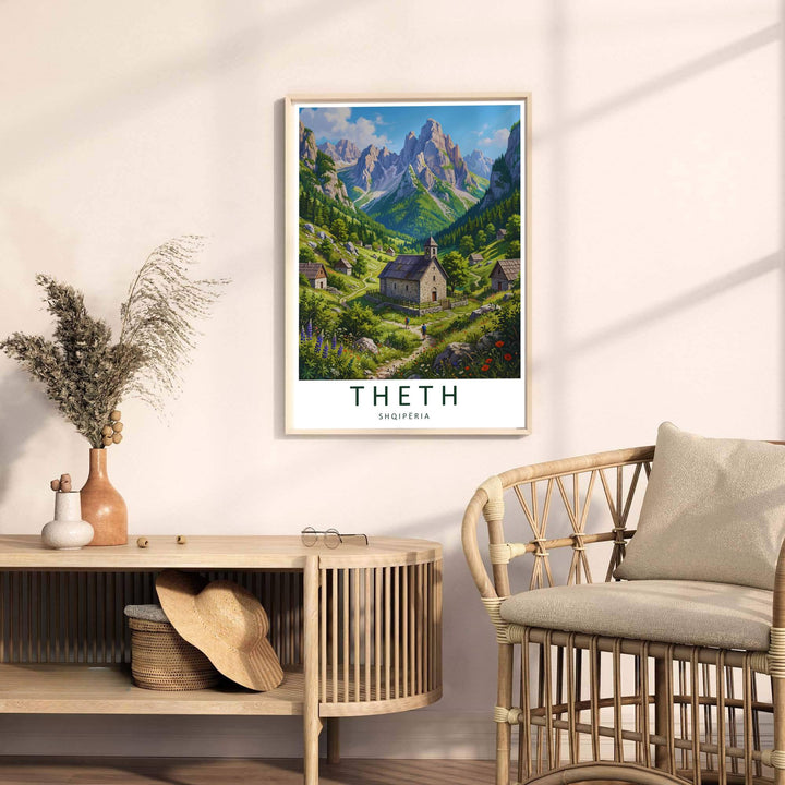 Looking past traditional stone houses toward towering mountain ridges, this Theth art print celebrates Albanian highland heritage and hiking culture. Select your preferred format, such as unframed fine art paper, a custom wood frame, or a gallery canvas wrap.