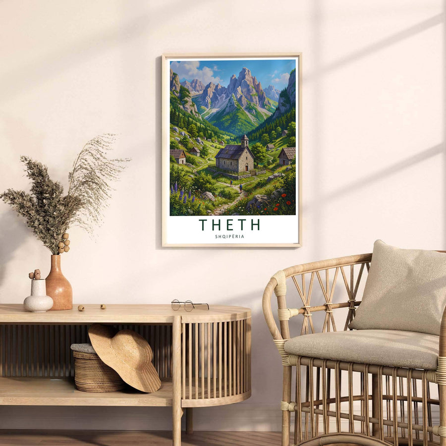 Looking past traditional stone houses toward towering mountain ridges, this Theth art print celebrates Albanian highland heritage and hiking culture. Select your preferred format, such as unframed fine art paper, a custom wood frame, or a gallery canvas wrap.