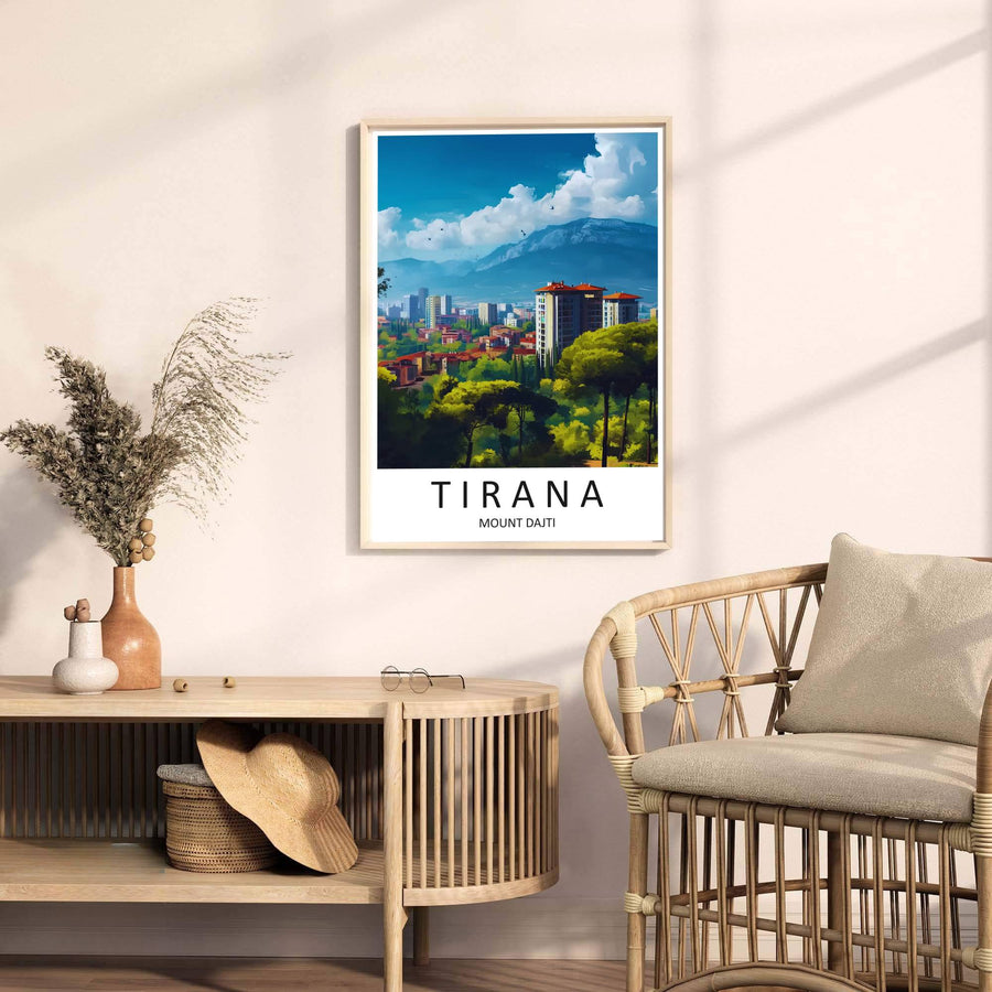 Looking past green pine trees toward rolling blue mountain ridges, this Tirana art print celebrates Albanian urban heritage and alpine views. Select your preferred format, such as unframed fine art paper, a custom wood frame, or a gallery canvas wrap.
