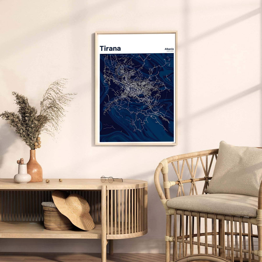 Celebrating the rapid growth and urban culture of Tirana, this cartographic art print turns complex road data into stunning modern wall decor. Select your ideal display presentation, including unframed fine art paper, wood frames, or gallery canvas wraps.