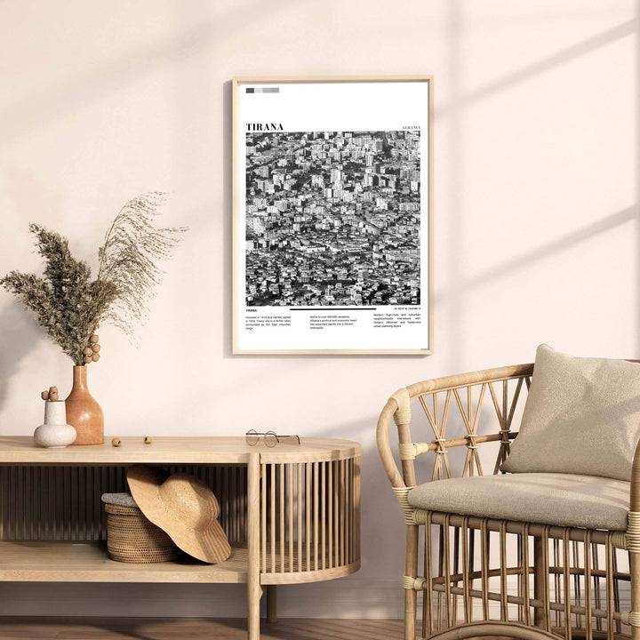 Celebrating the rapid modernization of Tirana, this Black &amp; White photographic art print turns urban density data into timeless wall decor. Select your preferred format, such as unframed fine art paper, a custom wood frame, or a gallery canvas wrap.