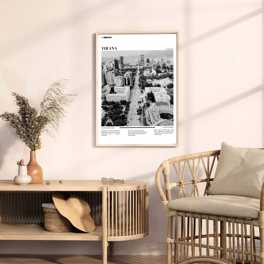 Celebrating the architectural heritage of Tirana, this Black &amp; White photographic art print turns historic boulevard data into timeless wall decor. Select your preferred format, such as unframed fine art paper, a custom wood frame, or a gallery canvas wrap.