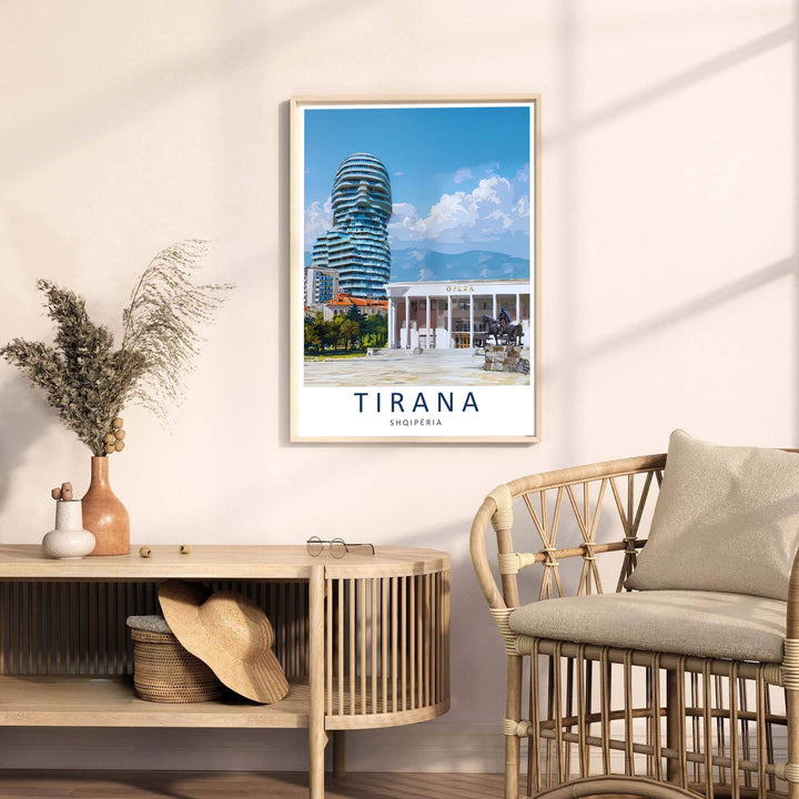 Looking past the historic Opera House colonnade toward rolling blue mountain ridges, this Tirana art print celebrates Albanian urban heritage. Select your preferred format, such as unframed fine art paper, a custom wood frame, or a gallery canvas wrap.