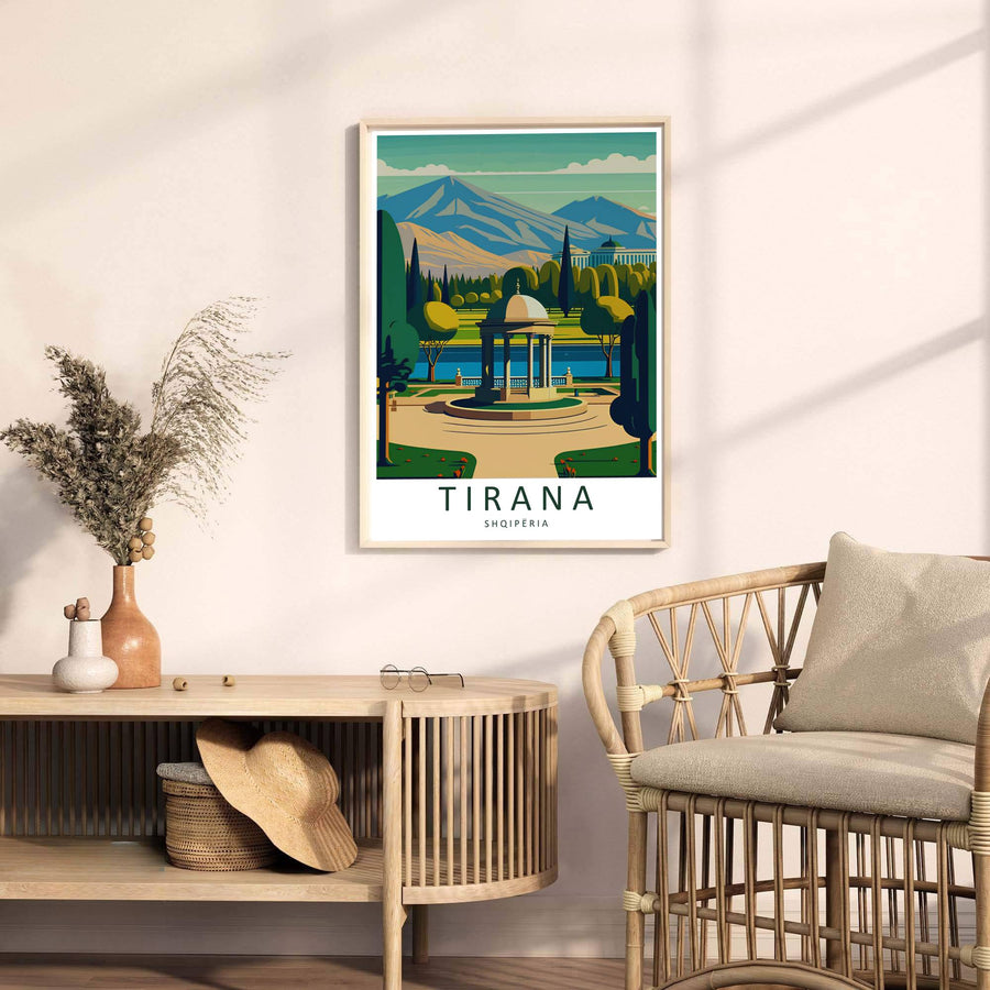 Looking past tall cypress trees toward rolling blue mountain ridges, this Tirana Grand Park art print celebrates Albanian natural heritage. Select your preferred format, such as unframed fine art paper, a custom wood frame, or a gallery canvas wrap.