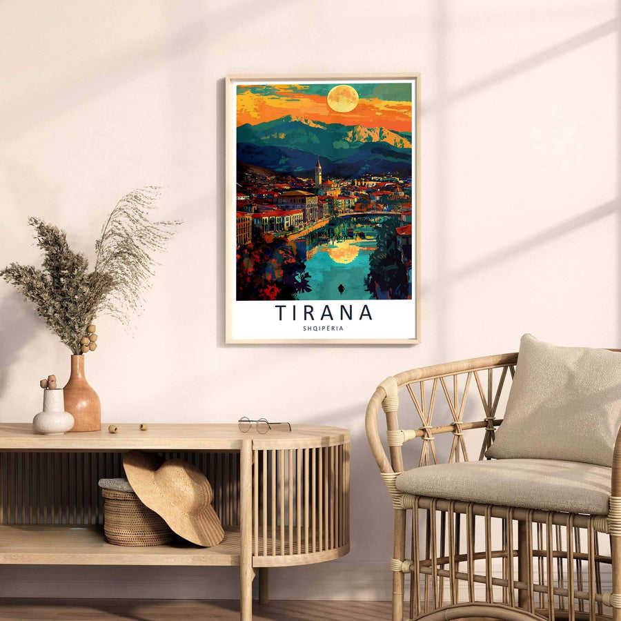 Celebrating the romantic evening atmosphere of Tirana, this painted art print turns architectural landmarks into timeless wall decor. Select your preferred format, such as unframed fine art paper, a custom wood frame, or a gallery canvas wrap.
