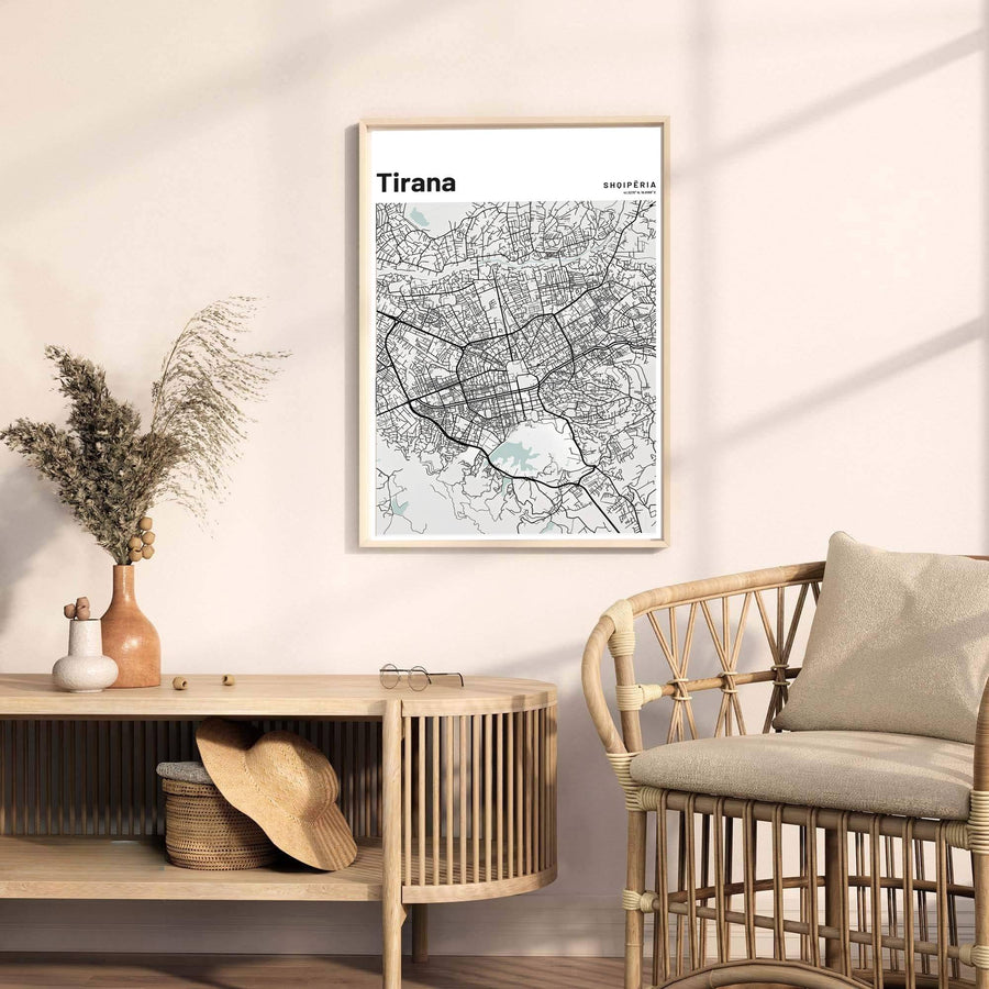 Celebrating the rapid growth and urban culture of Tirana, this cartographic art print turns complex road data into stunning modern wall decor. Select your ideal display presentation, including unframed fine art paper, wood frames, or gallery canvas wraps.